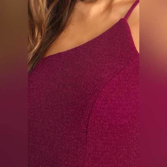 NWT Truly Magnificent Shiny Magenta One-Shoulder Mermaid Maxi Dress, size L. - Picture 5 of 5